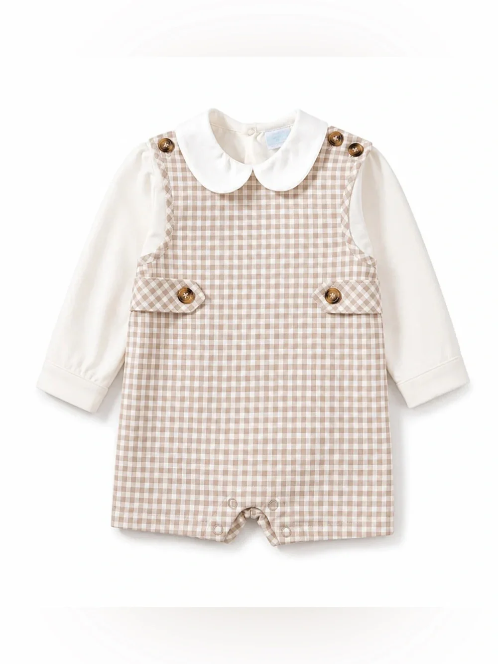 NWT Edgehill Collection Long Sleeve Check Jon Jon Shortall Romper Taupe Sz 12M